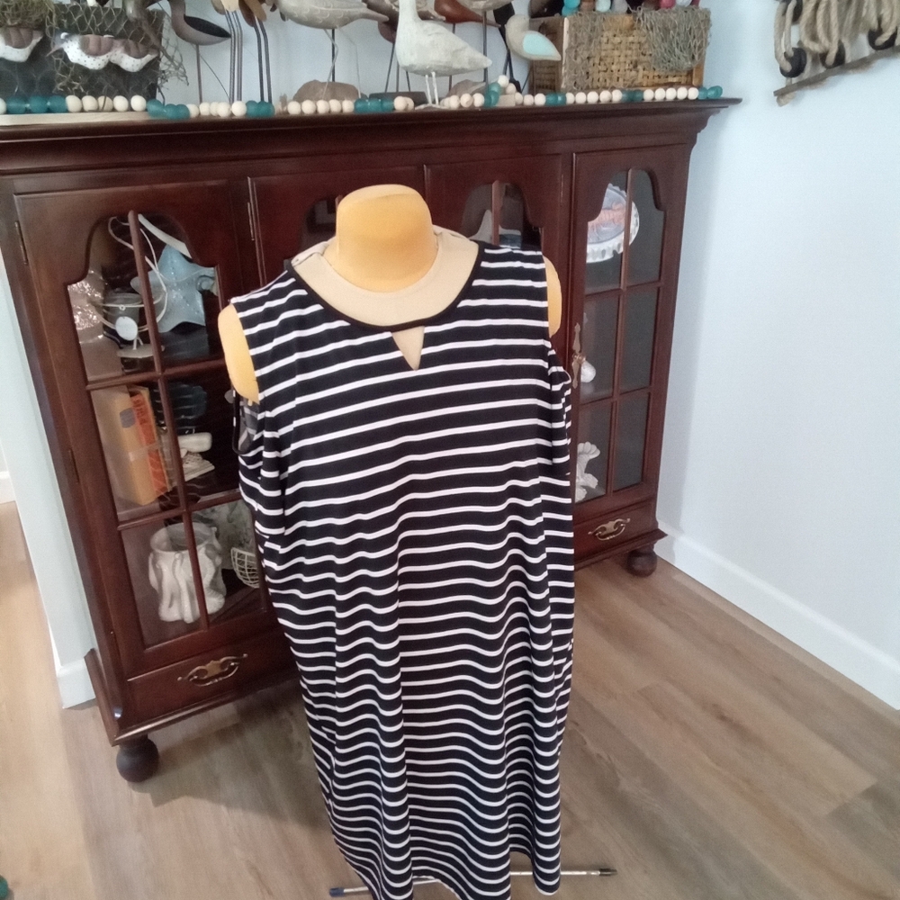 Signature Collection Plus Sz 2X Cold Shoulder Blue & White Stripe Dress